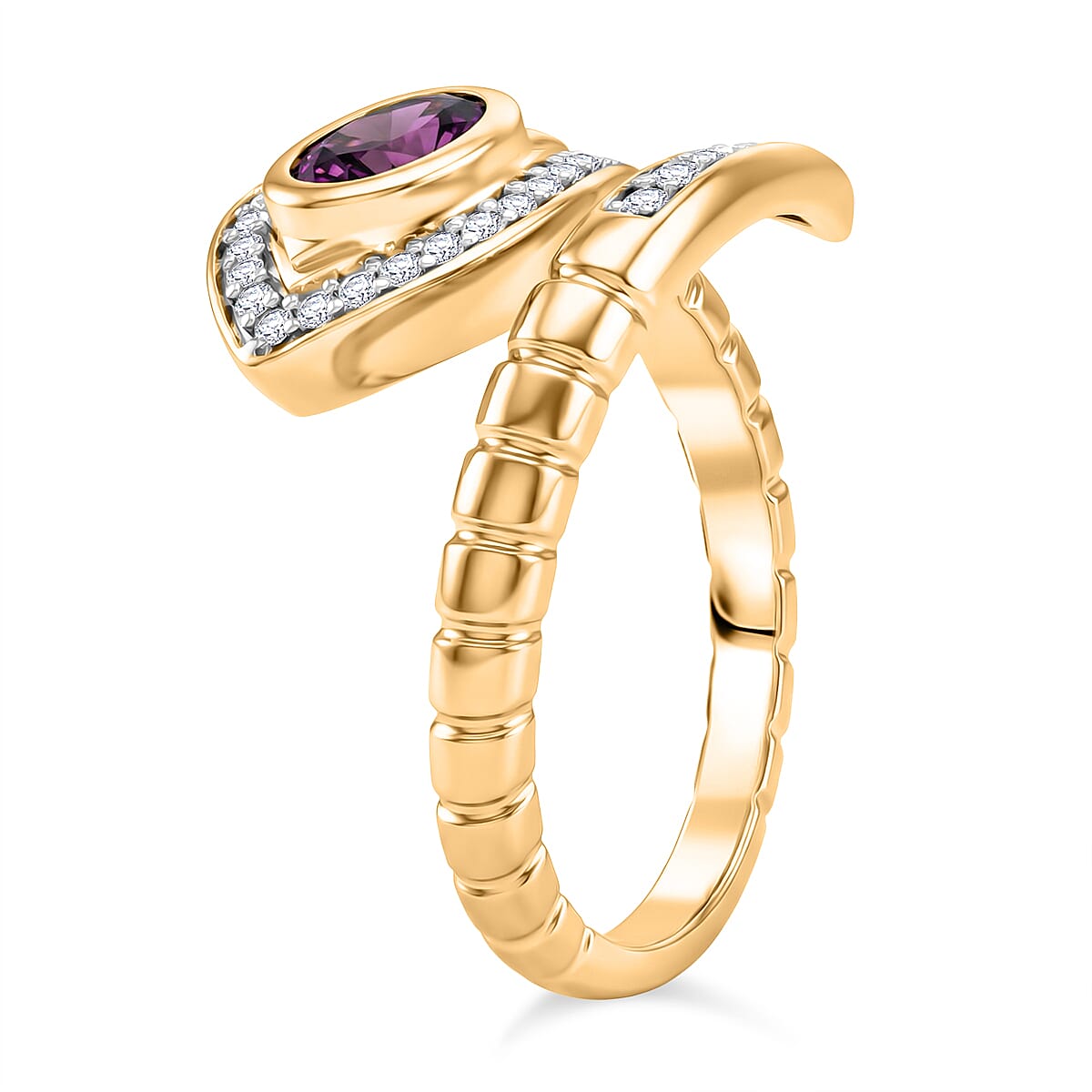 D'Joy Radiant Ember Garnet, White Zircon Bypass Ring in 18K YG PlatingSterling Silver  0.875  Ct.