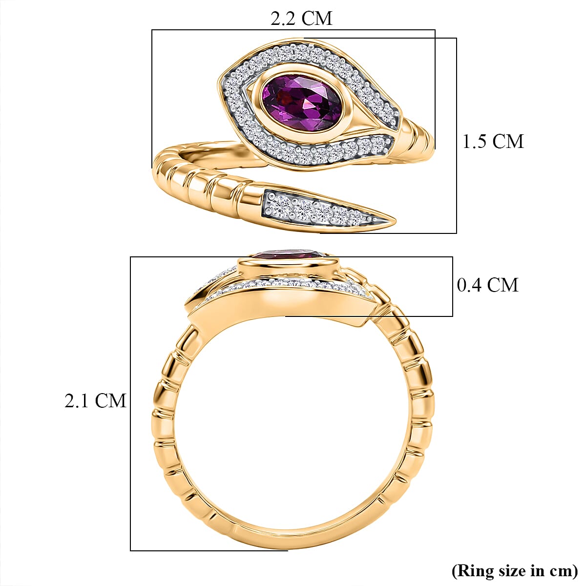 D'Joy Radiant Ember Garnet, White Zircon Bypass Ring in 18K YG PlatingSterling Silver  0.875  Ct.