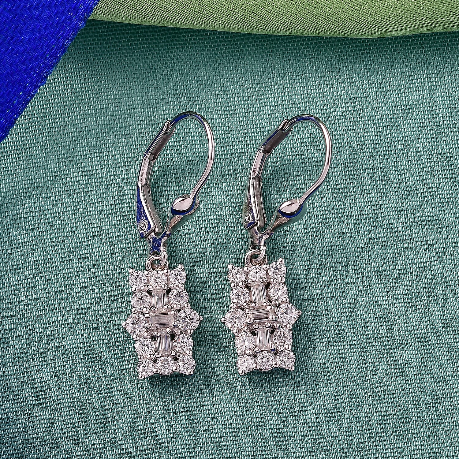 D'Joy Moissanite Cluster Earring with Lever Back in Platinum Overlay Sterling Silver