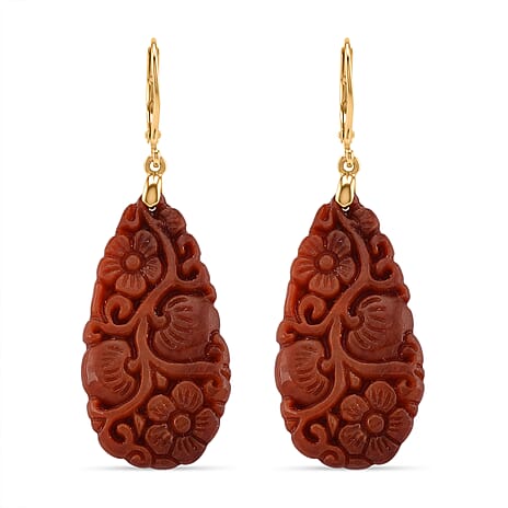 D'Joy Enhanced Red Jade Beads Carved Floral Teardrop Earrings with Lever Back in Yellow Gold Plated Sterling Silver 35.00 Ct.