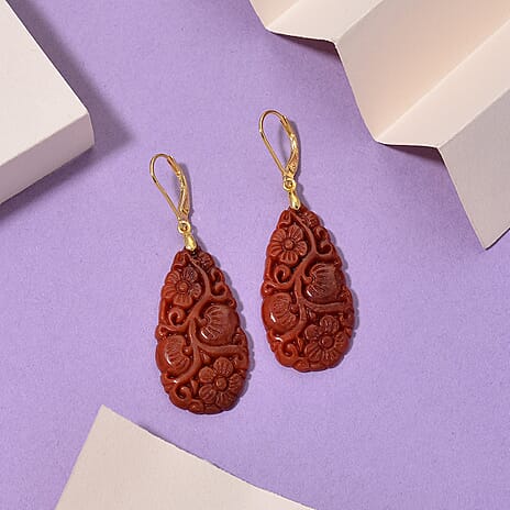 D'Joy Enhanced Red Jade Beads Carved Floral Teardrop Earrings with Lever Back in Yellow Gold Plated Sterling Silver 35.00 Ct.