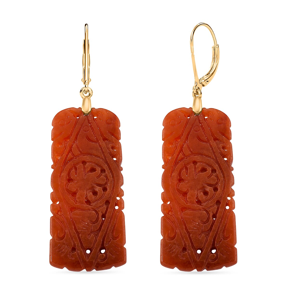 D'Joy Enhanced Red Jade Beads Filigree Carved Drop Earrings with Lever Back in Yellow Gold Plated Sterling Silver 30.00 Ct.