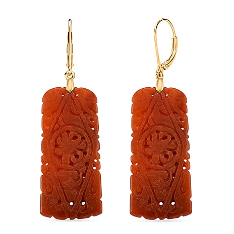 D'Joy Enhanced Red Jade Beads Filigree Carved Drop Earrings with Lever Back in Yellow Gold Plated Sterling Silver 30.00 Ct.