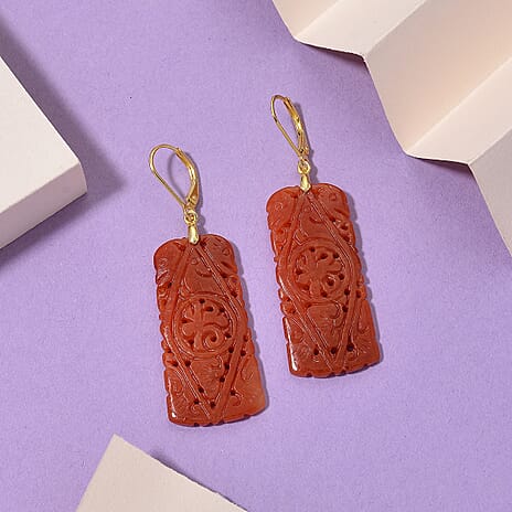 D'Joy Enhanced Red Jade Beads Filigree Carved Drop Earrings with Lever Back in Yellow Gold Plated Sterling Silver 30.00 Ct.