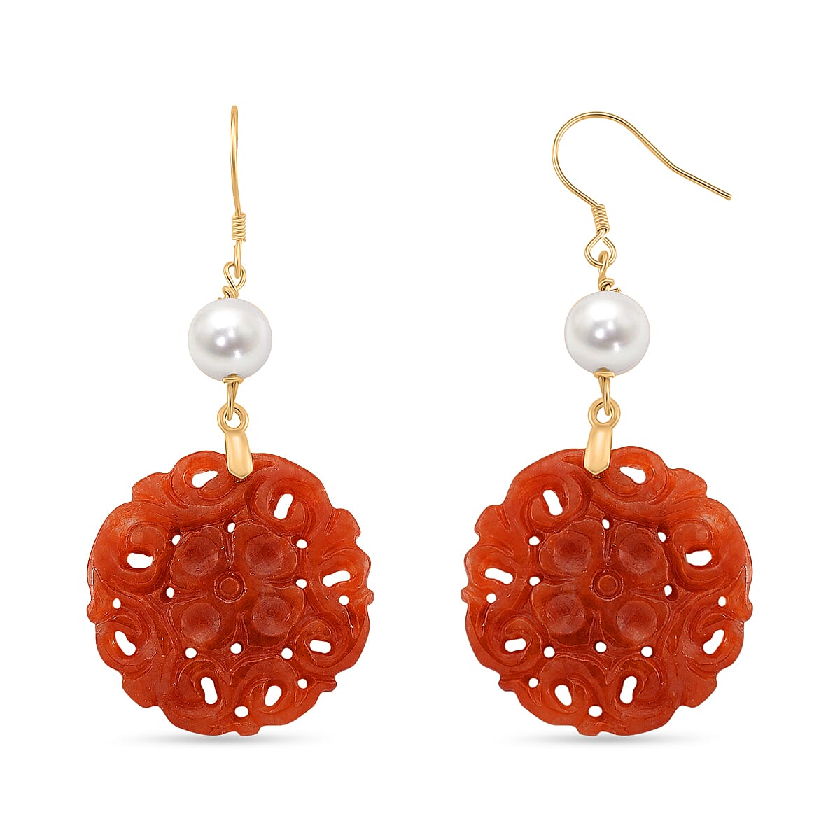 D'Joy Chinese Akoya Pearl & Enhanced Red Jade Beads Hook Earrings in Yellow Gold Plated Sterling Silver 35.00 Ct.