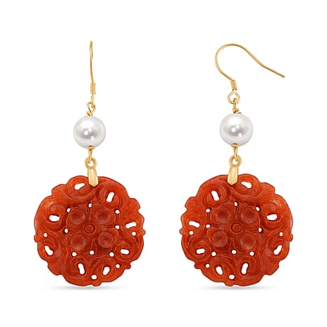 D'Joy Chinese Akoya Pearl & Enhanced Red Jade Beads Hook Earrings in Yellow Gold Plated Sterling Silver 35.00 Ct.