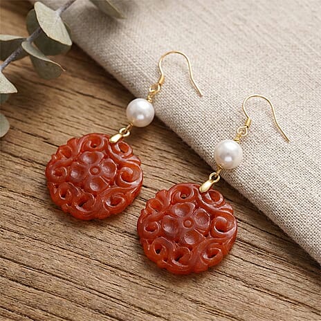 D'Joy Chinese Akoya Pearl & Enhanced Red Jade Beads Hook Earrings in Yellow Gold Plated Sterling Silver 35.00 Ct.