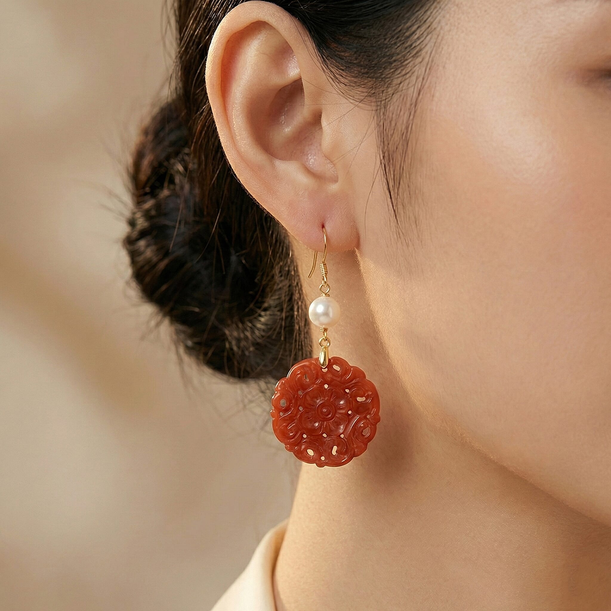 D'Joy Chinese Akoya Pearl & Enhanced Red Jade Beads Hook Earrings in Yellow Gold Plated Sterling Silver 35.00 Ct.