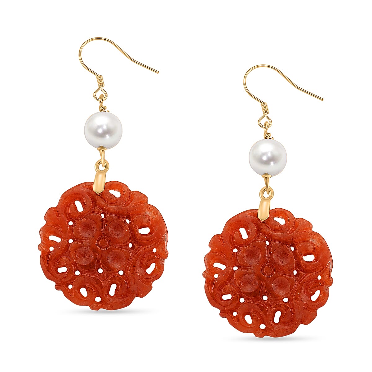 D'Joy Chinese Akoya Pearl & Enhanced Red Jade Beads Hook Earrings in Yellow Gold Plated Sterling Silver 35.00 Ct.