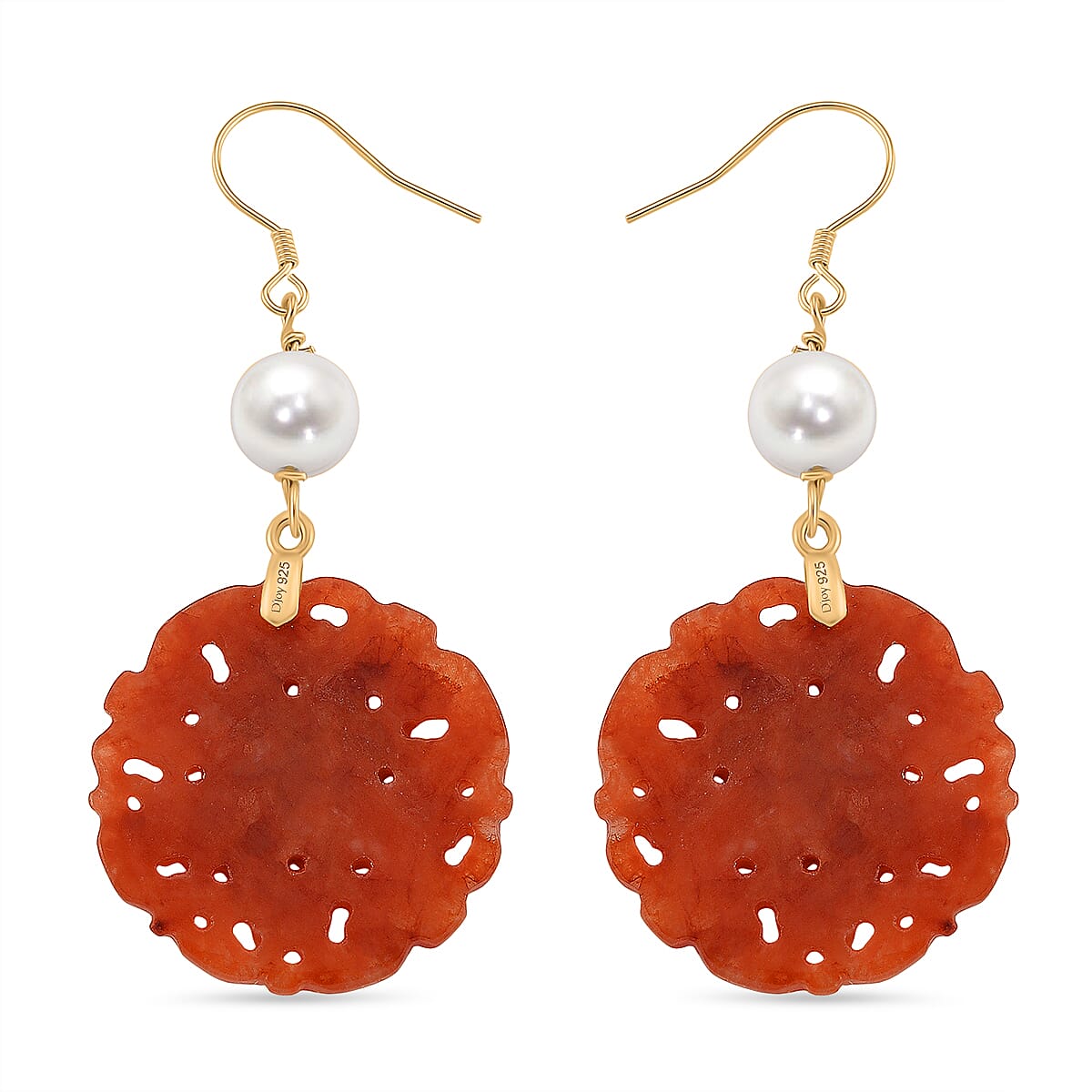 D'Joy Chinese Akoya Pearl & Enhanced Red Jade Beads Hook Earrings in Yellow Gold Plated Sterling Silver 35.00 Ct.