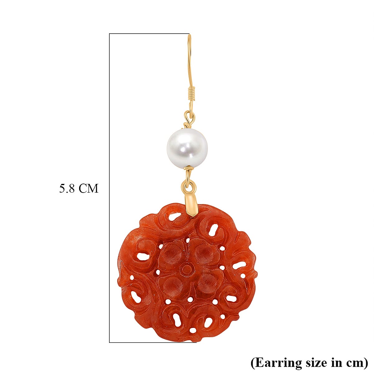 D'Joy Chinese Akoya Pearl & Enhanced Red Jade Beads Hook Earrings in Yellow Gold Plated Sterling Silver 35.00 Ct.