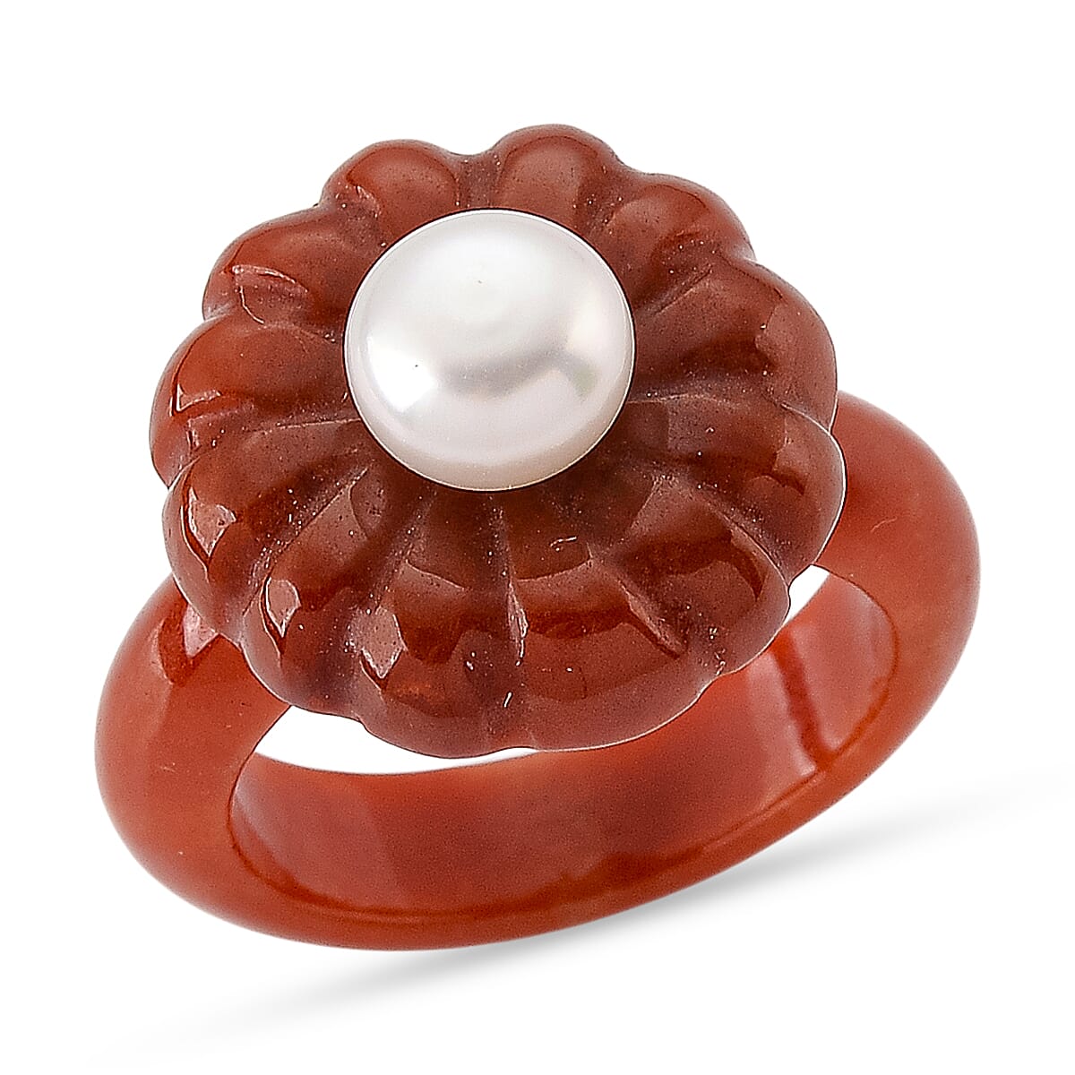 White Fresh Water Pearl and Enhanced Red Jade Flower Ring 25.00 Ct.