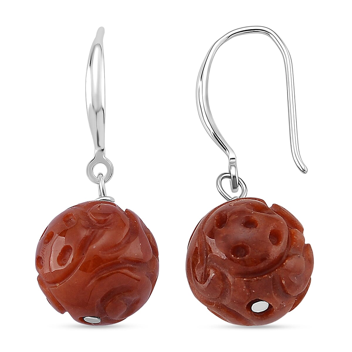 D'Joy Red Jade Beads Hook Earring in Rhodium Overlay Sterling Silver 20.00 Ct.