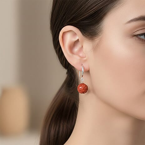D'Joy Red Jade Beads Hook Earring in Rhodium Overlay Sterling Silver 20.00 Ct.