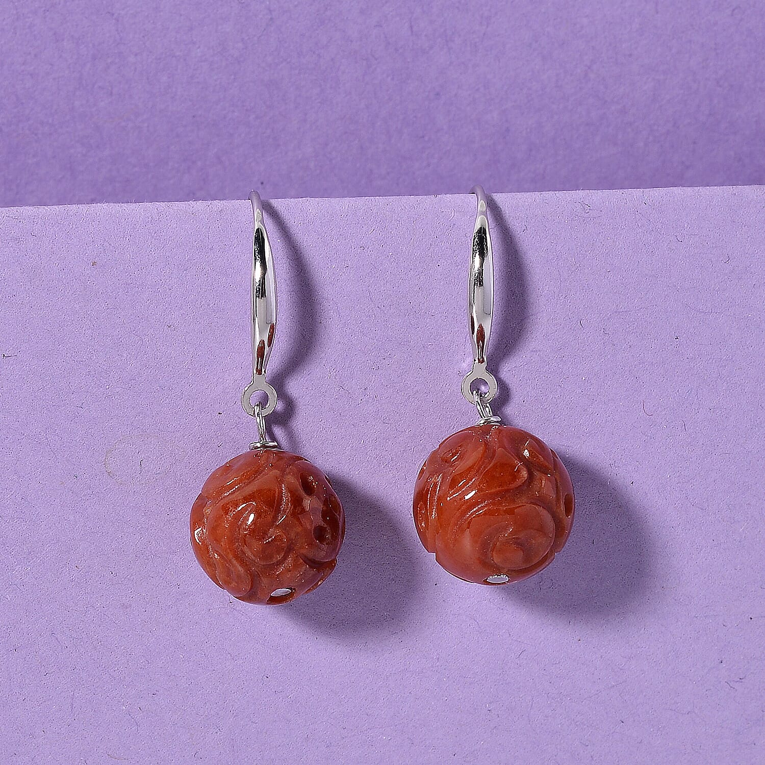 D'Joy Red Jade Beads Hook Earring in Rhodium Overlay Sterling Silver 20.00 Ct.