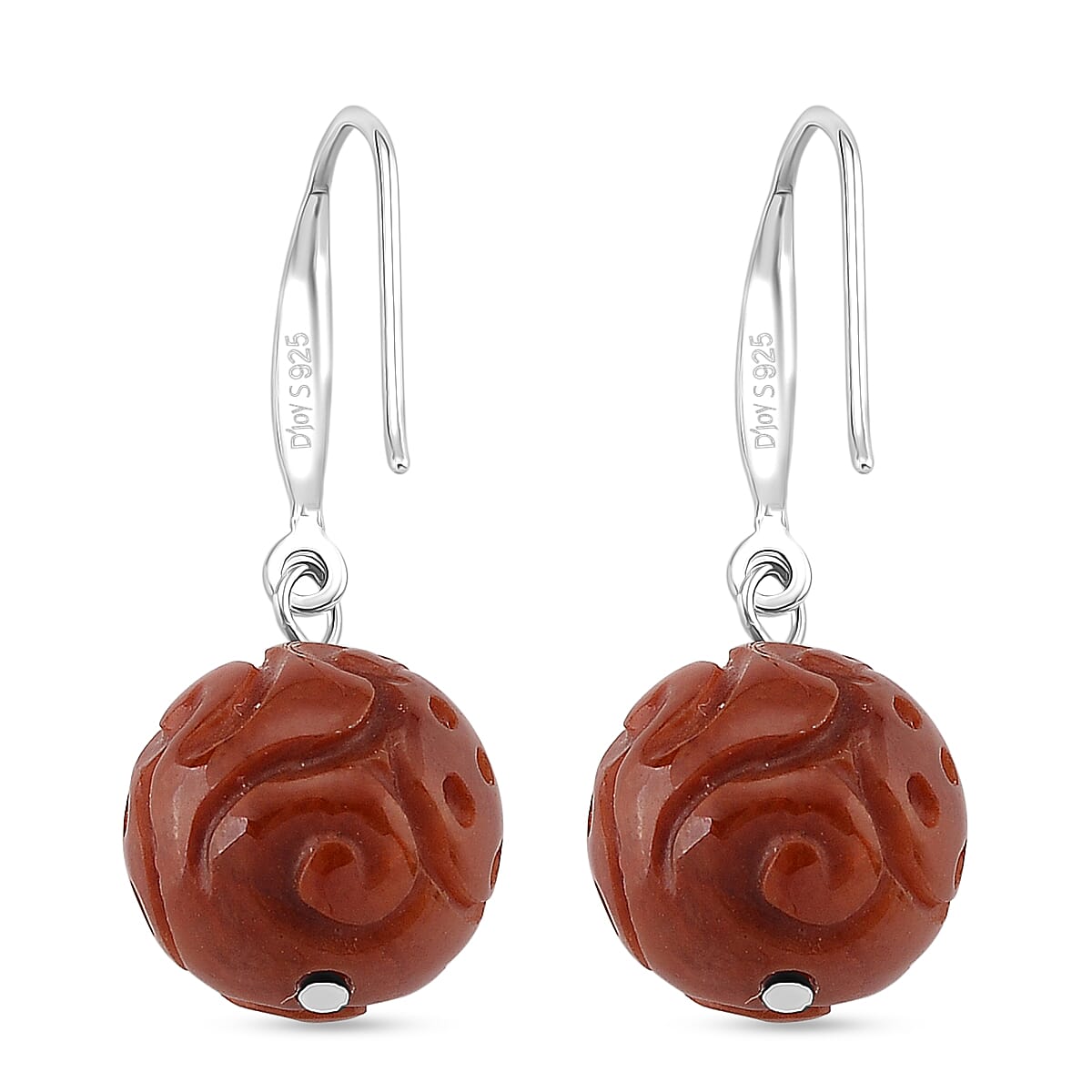 D'Joy Red Jade Beads Hook Earring in Rhodium Overlay Sterling Silver 20.00 Ct.