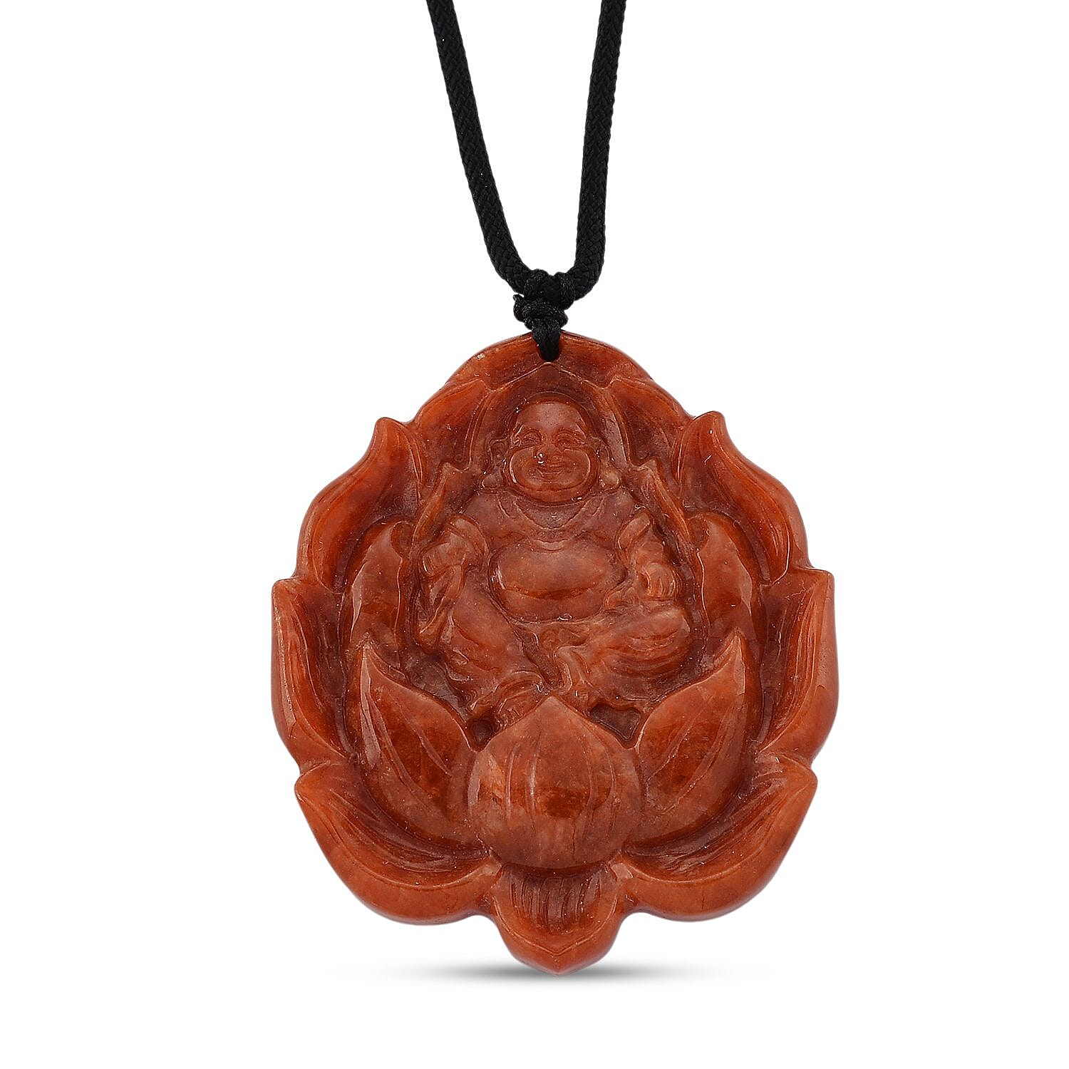 Enhanced Red Jade Carved Lotus & Buddha Necklace with Cotton Thread (Size - 28 Adjustable) 120.00 Ct.