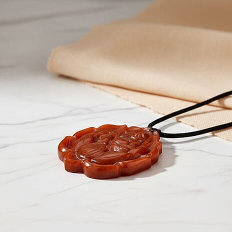 Enhanced Red Jade Carved Lotus & Buddha Necklace with Cotton Thread (Size - 28 Adjustable) 120.00 Ct.