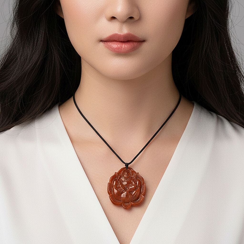 Enhanced Red Jade Carved Lotus & Buddha Necklace with Cotton Thread (Size - 28 Adjustable) 120.00 Ct.