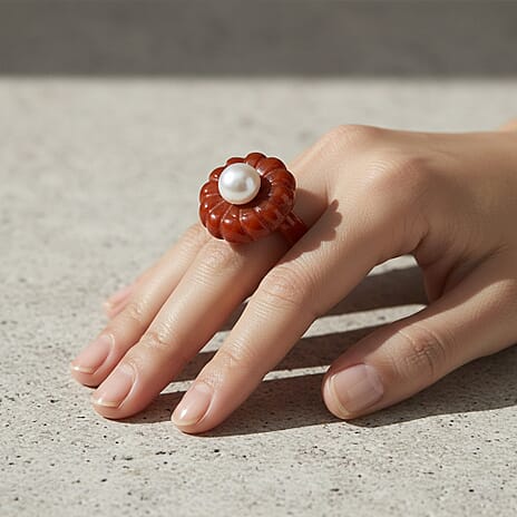 White Fresh Water Pearl and Enhanced Red Jade Flower Ring 25.00 Ct.