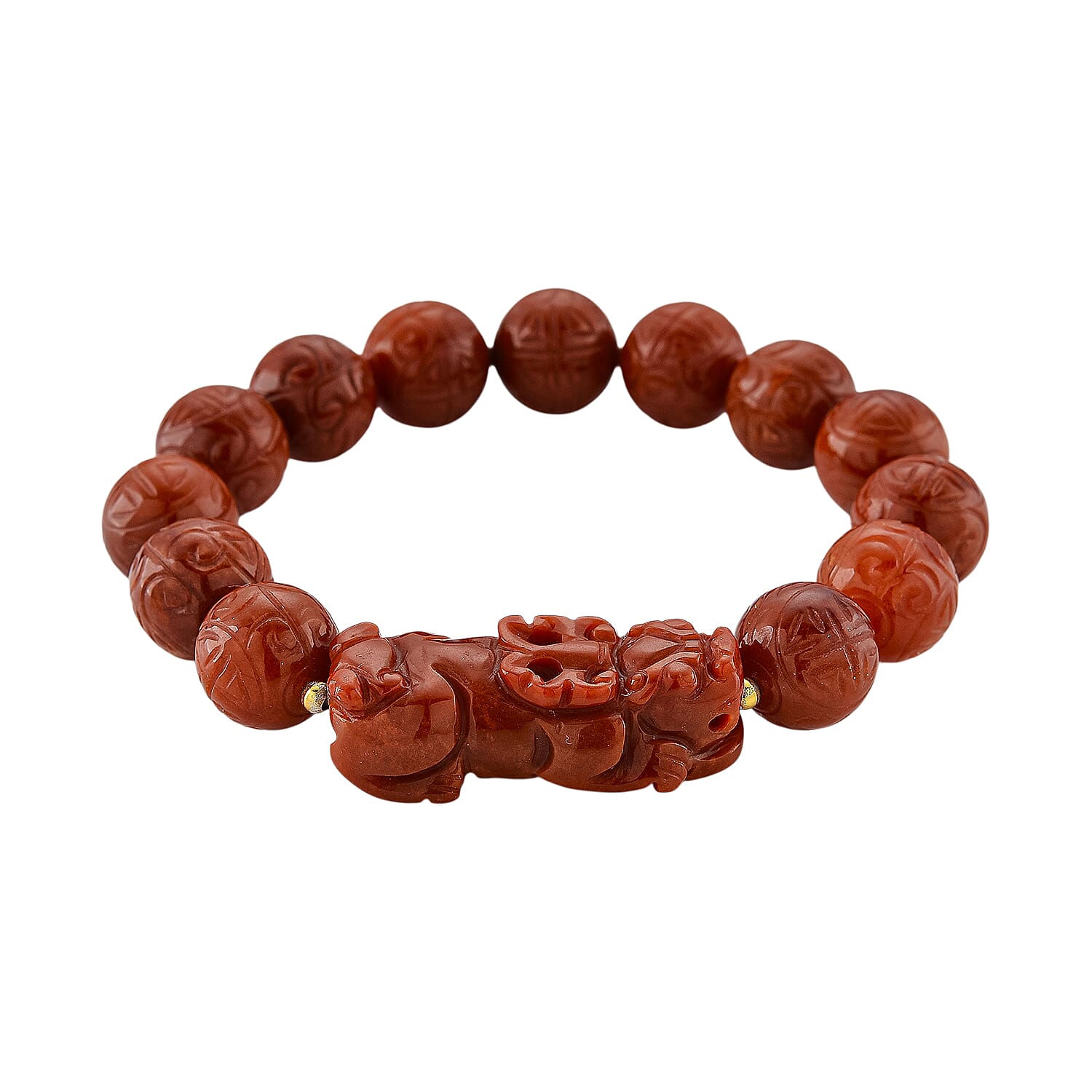 D'Joy Enhanced Red Jade Beads Feng Shui Pixiu Stretchable Bracelet  (Size 7-7.5) in Yellow Gold Plated Sterling Silver 330.00 Ct.