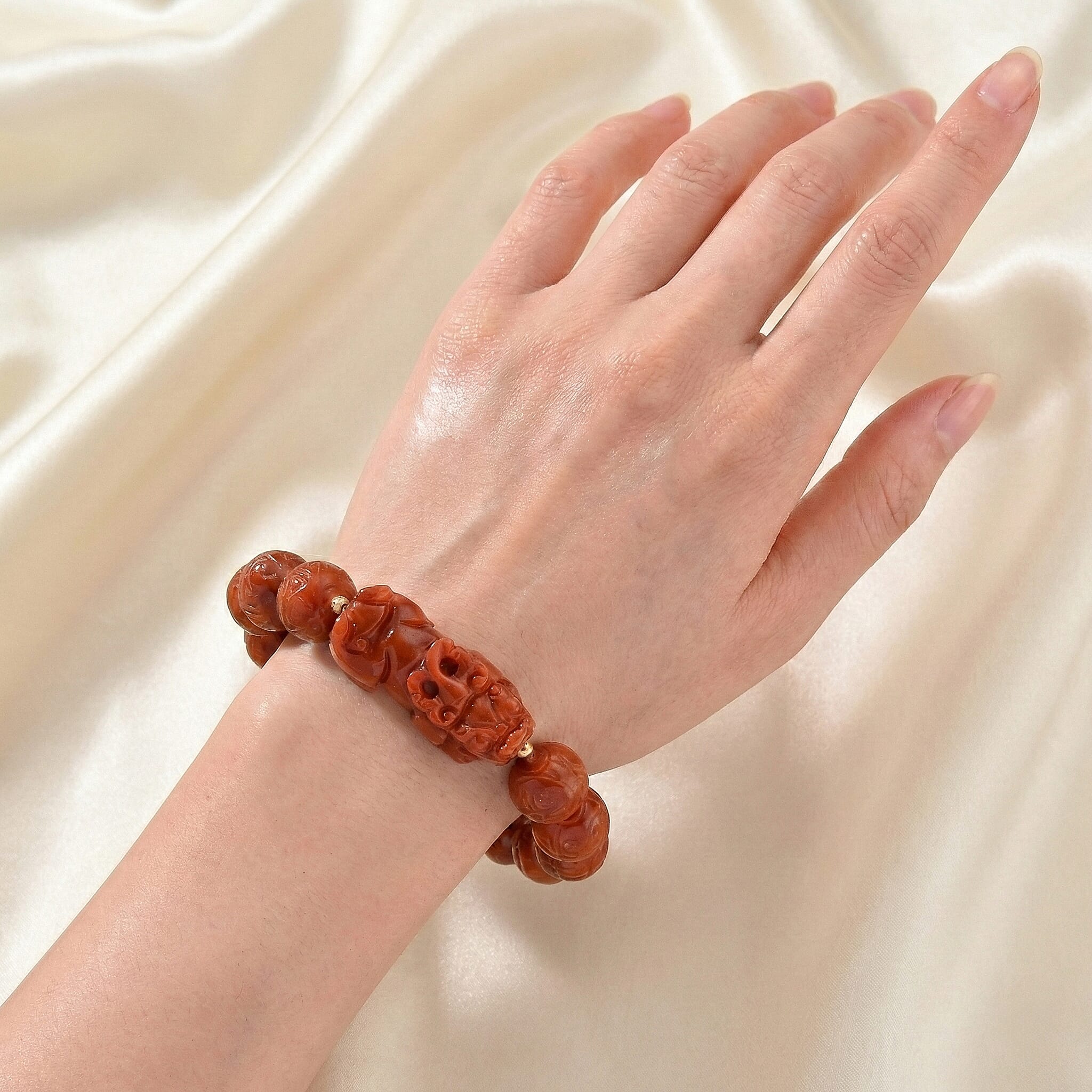 D'Joy Enhanced Red Jade Beads Feng Shui Pixiu Stretchable Bracelet  (Size 7-7.5) in Yellow Gold Plated Sterling Silver 330.00 Ct.