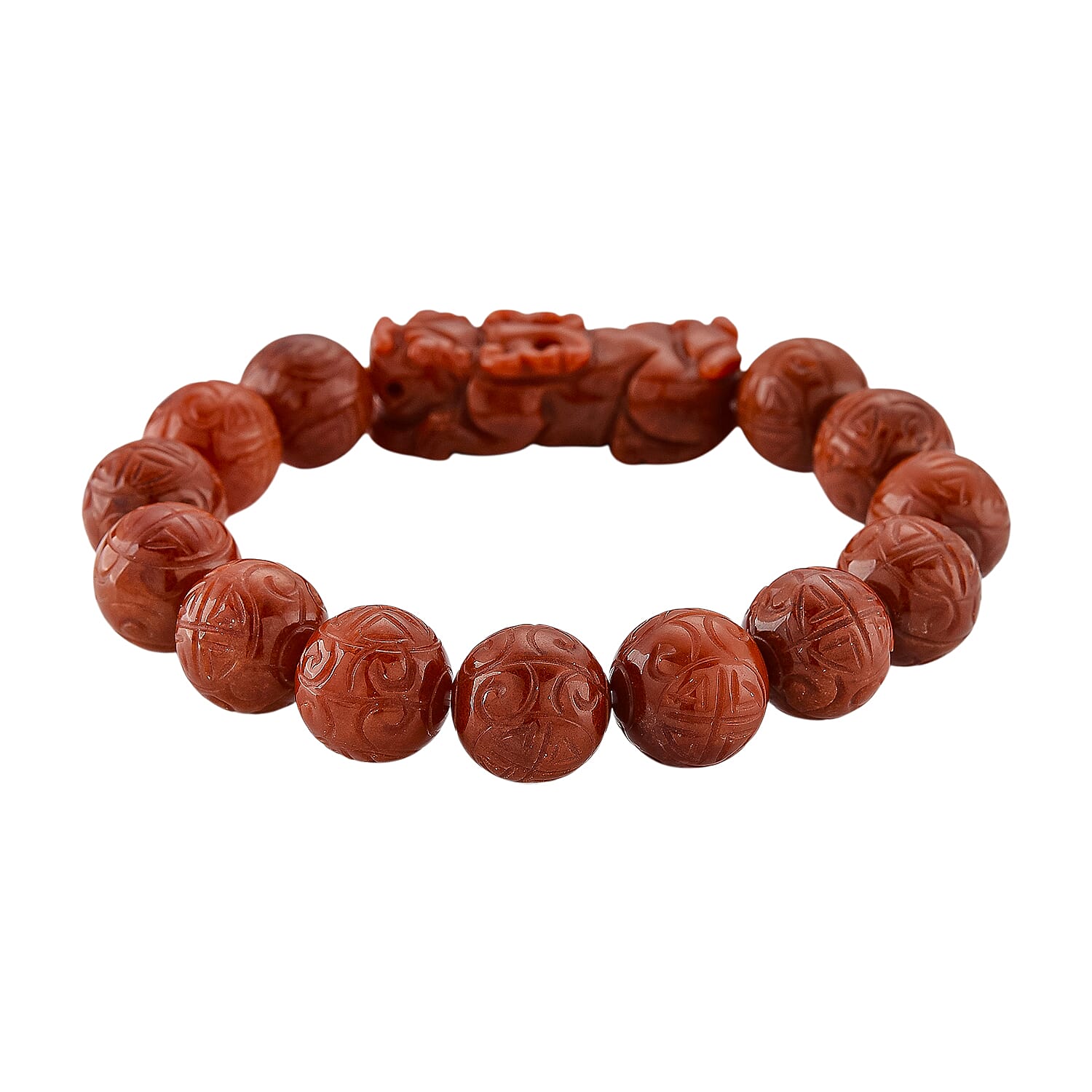 D'Joy Enhanced Red Jade Beads Feng Shui Pixiu Stretchable Bracelet  (Size 7-7.5) in Yellow Gold Plated Sterling Silver 330.00 Ct.