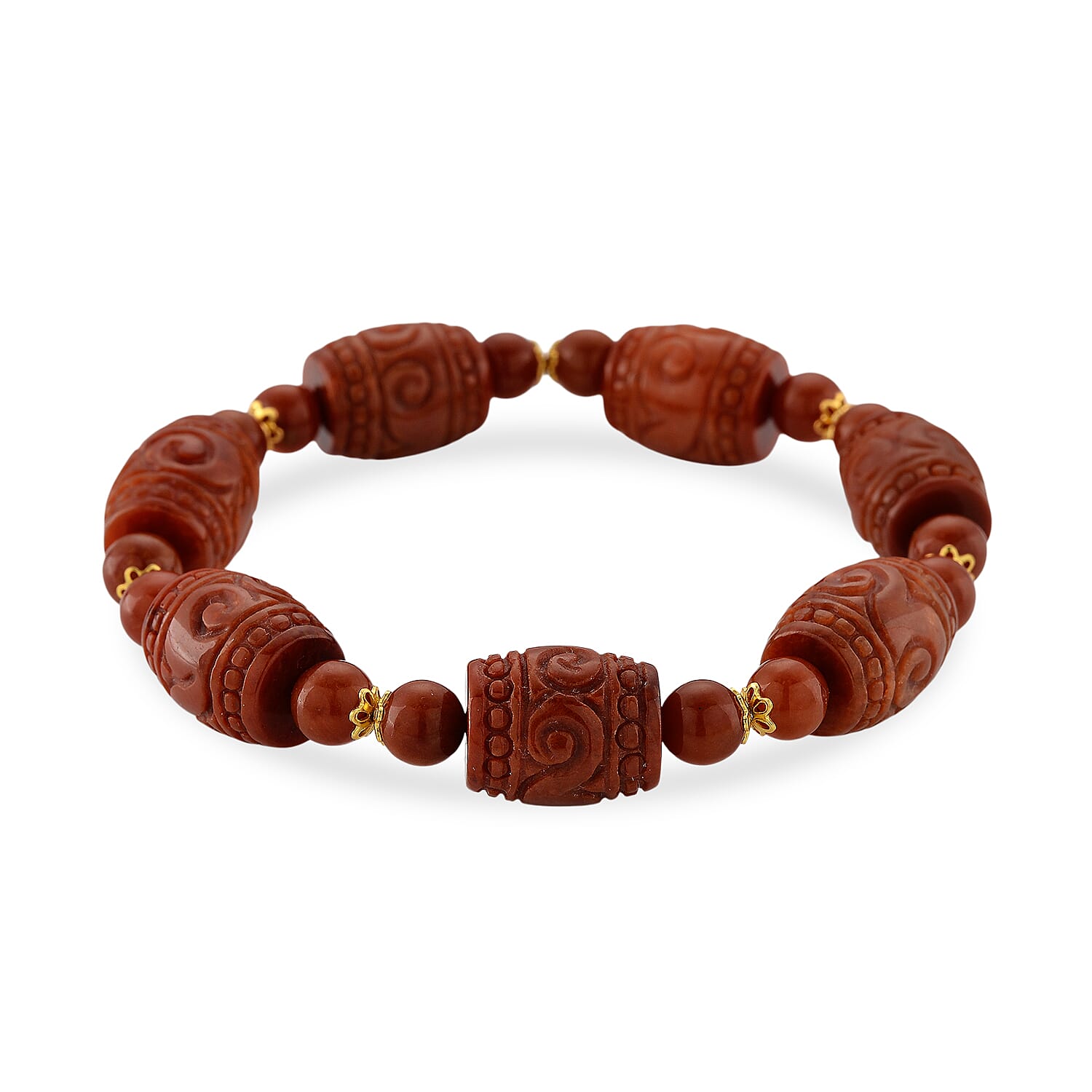 D'Joy Enhanced Red Jade Beads Stretchable Bracelet (Size 7-7.5) in Yellow Gold Plated Sterling Silver 230.00 Ct.