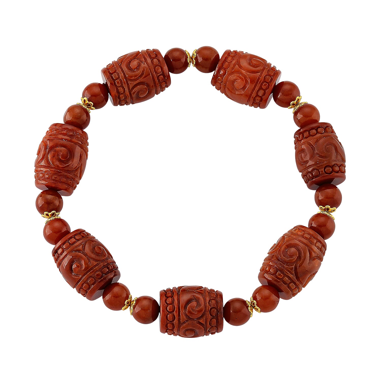 D'Joy Enhanced Red Jade Beads Stretchable Bracelet (Size 7-7.5) in Yellow Gold Plated Sterling Silver 230.00 Ct.