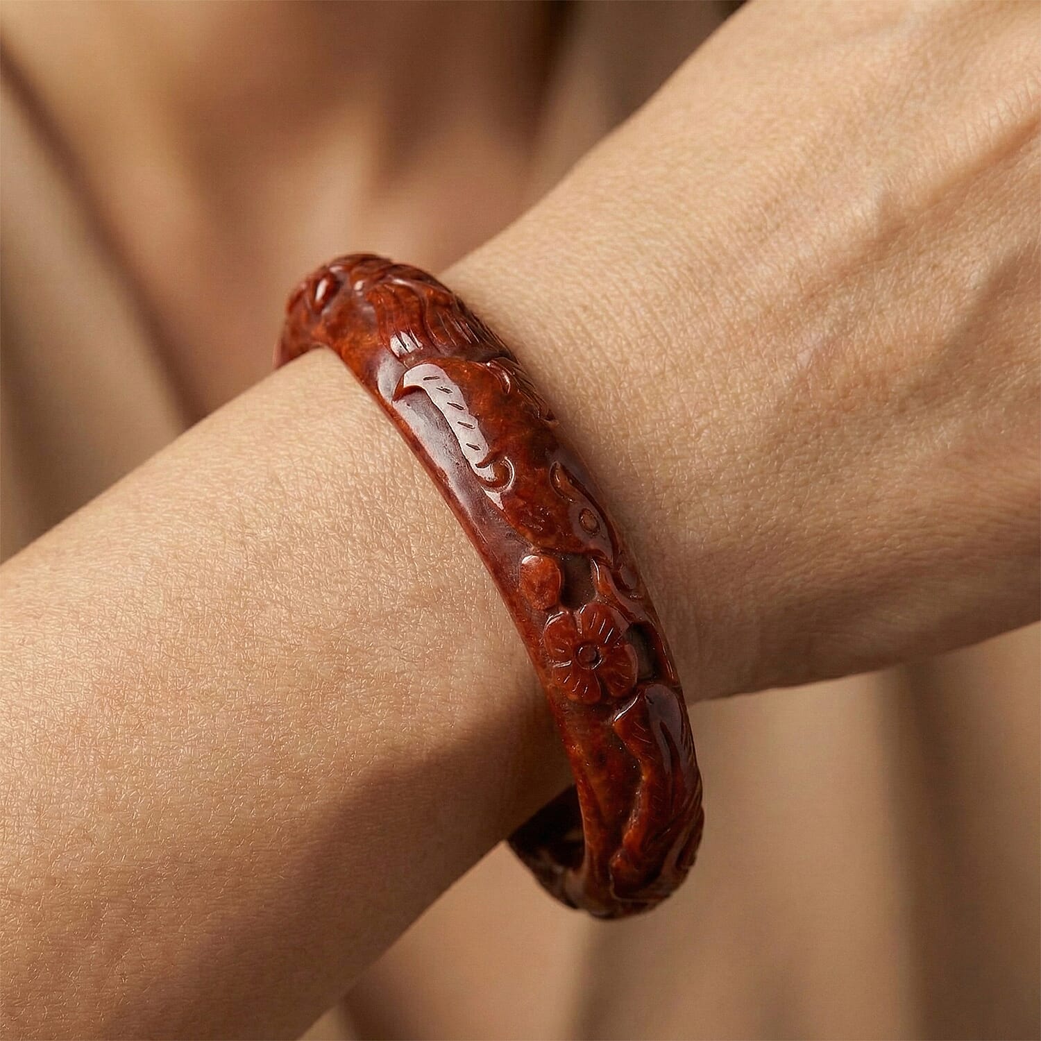 Red Jade Carved Phoenix  Bangle (Size - 8) 260.85 Ct.