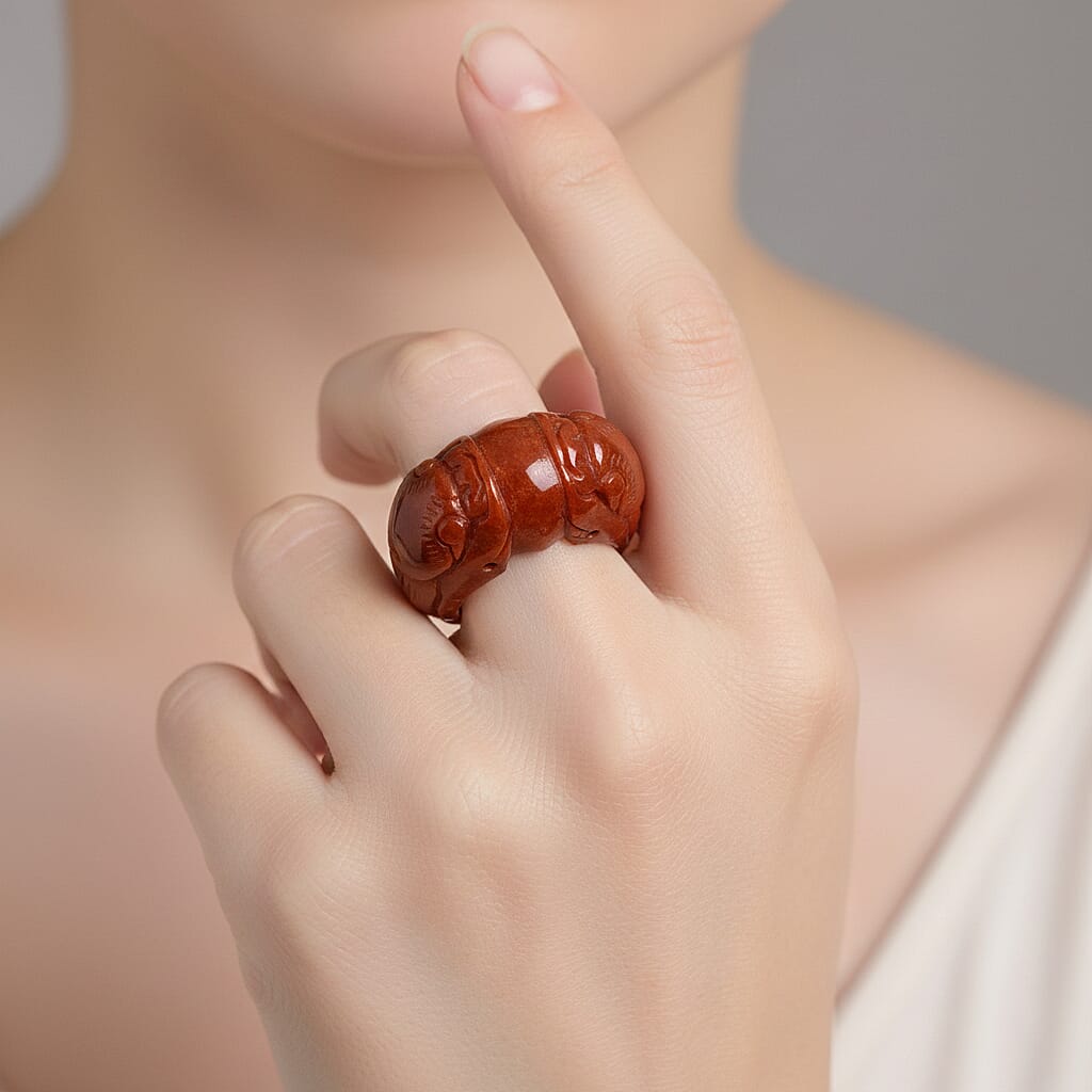 Enhanced Red Jade Dragon Carved Band Ring 70.00 Ct