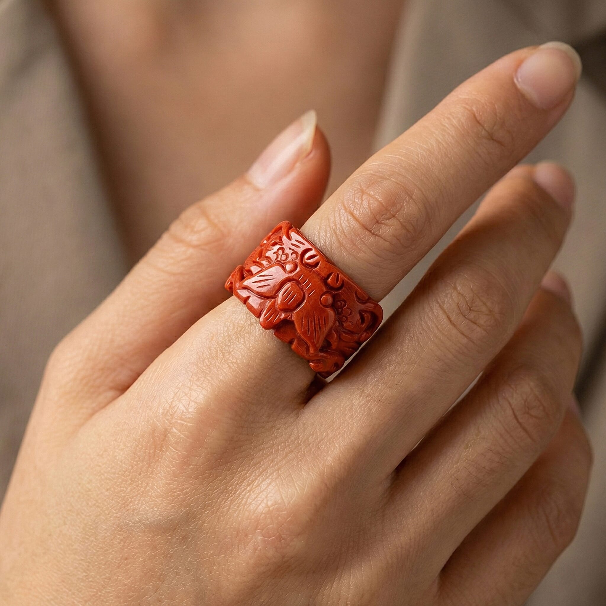 Red Jade Dragon Carved Ring 55.00 Ct.