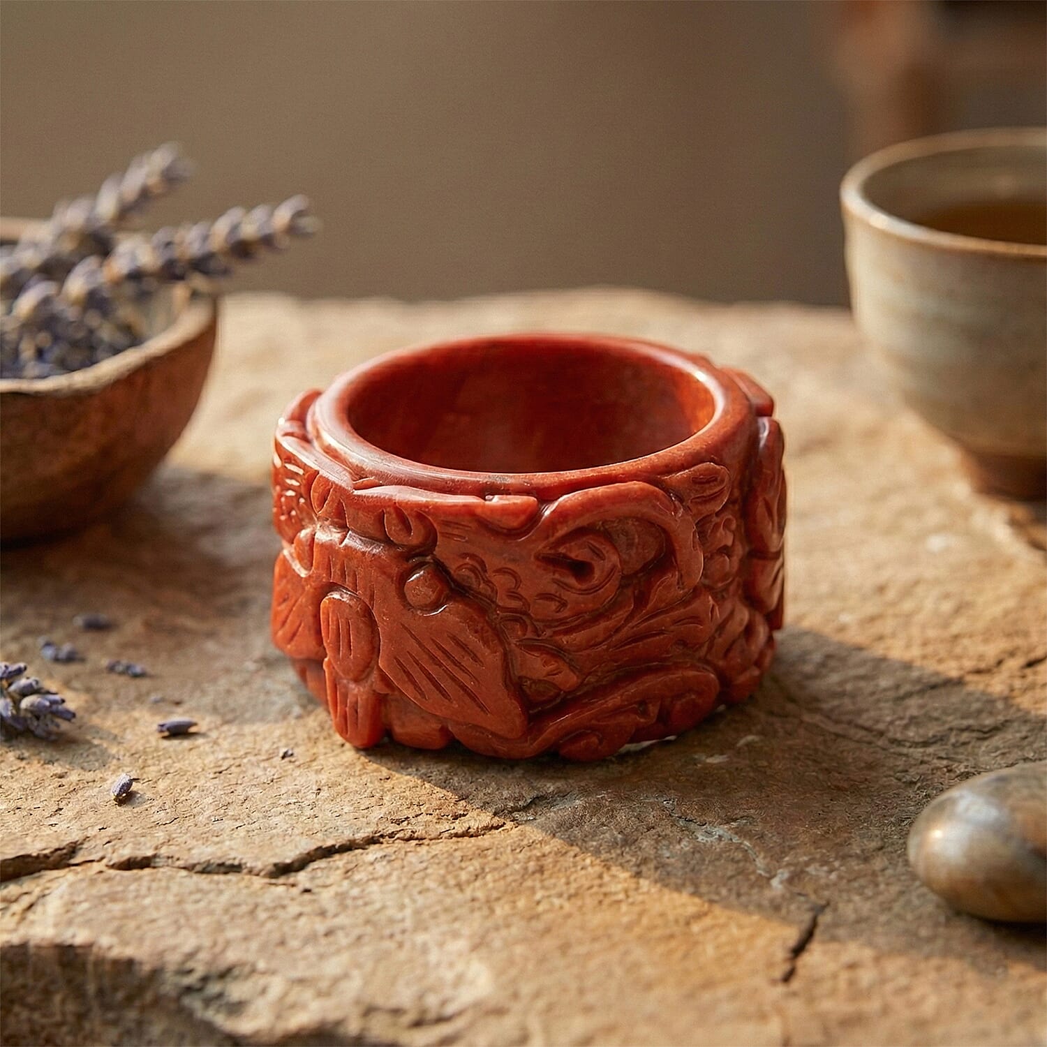 Red Jade Dragon Carved Ring 55.00 Ct.