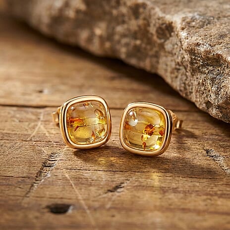 D'Joy Amber Beads Stud Earring with Push Back in Yellow Gold Plated Sterling Silver 3.50 Ct.