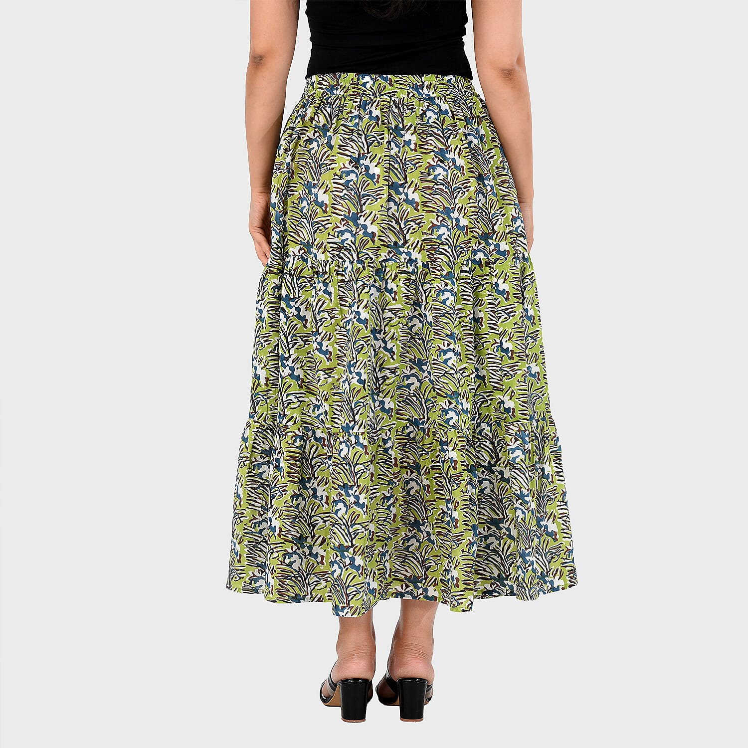 La Marey Artisan Cotton Block-Printed Tiered Skirt (Size M, 12-14) - Green