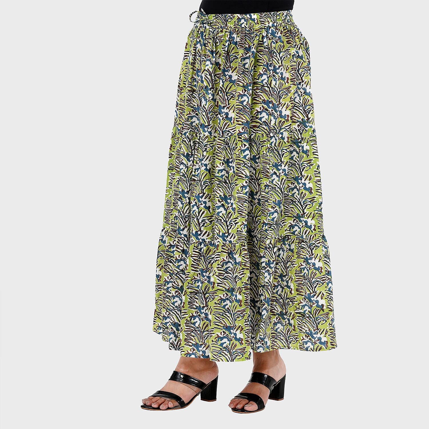 La Marey Artisan Cotton Block-Printed Tiered Skirt (Size L, 16-18) - Green