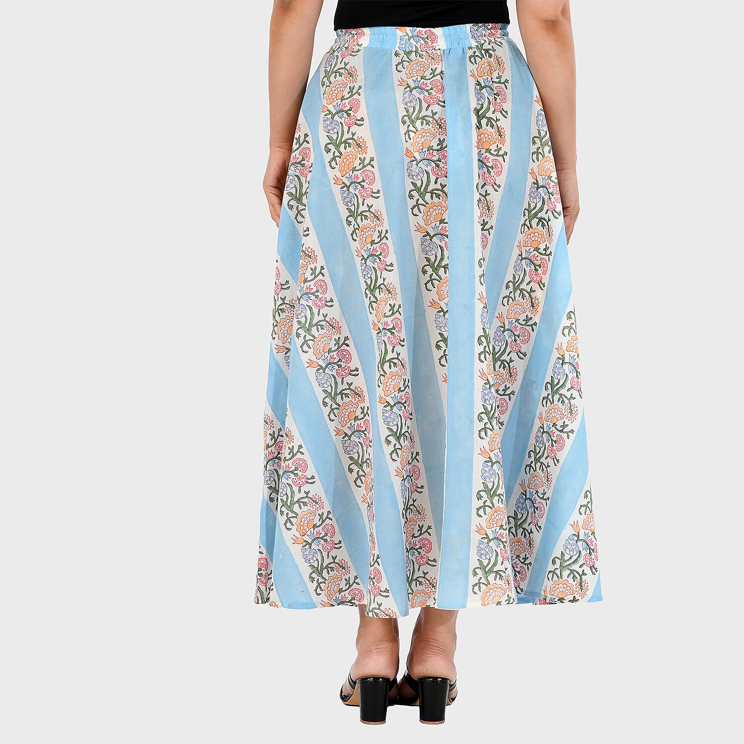 La Marey Artisan Cotton Block-Printed Tiered Skirt (Size S, 8-10) - Blue & White