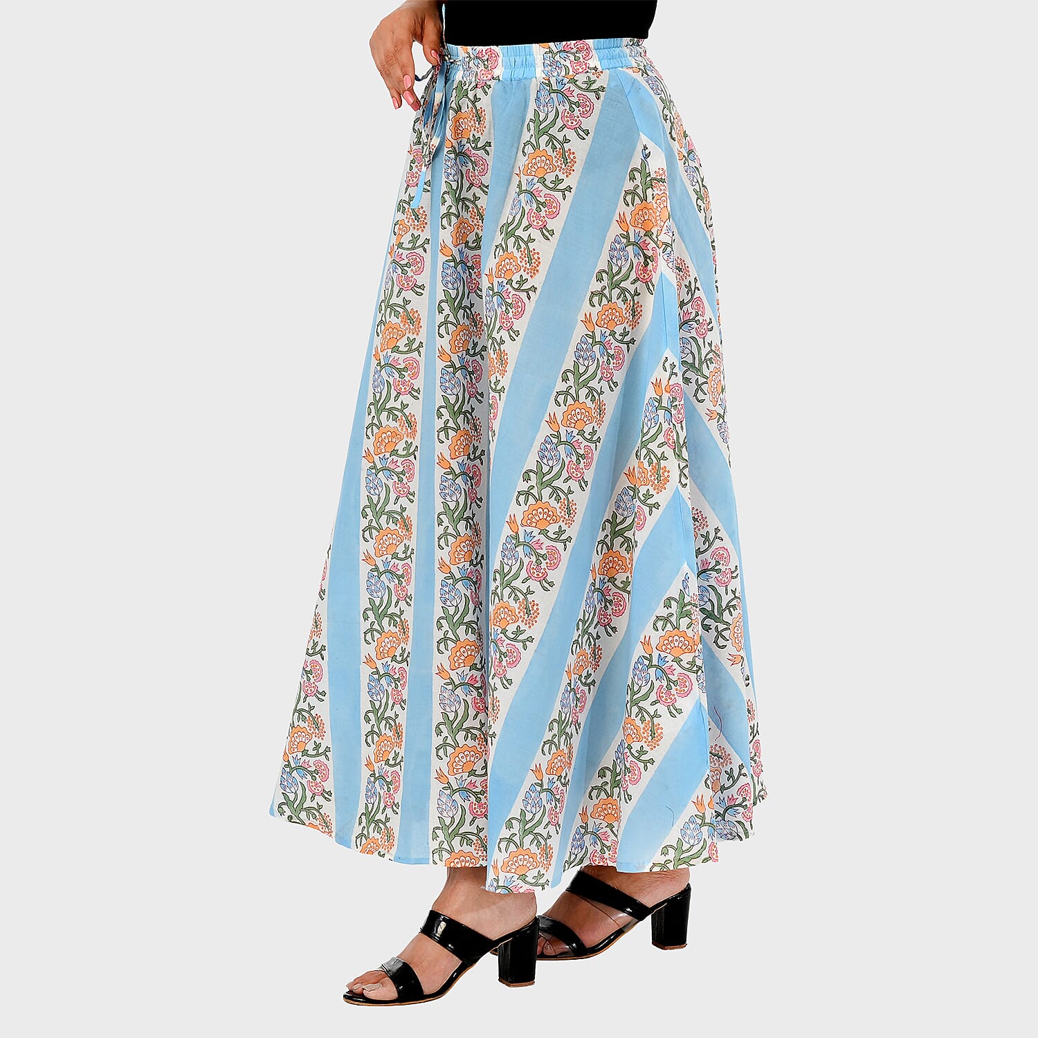 La Marey Artisan Cotton Block-Printed Tiered Skirt (Size L, 16-18) - Blue & White