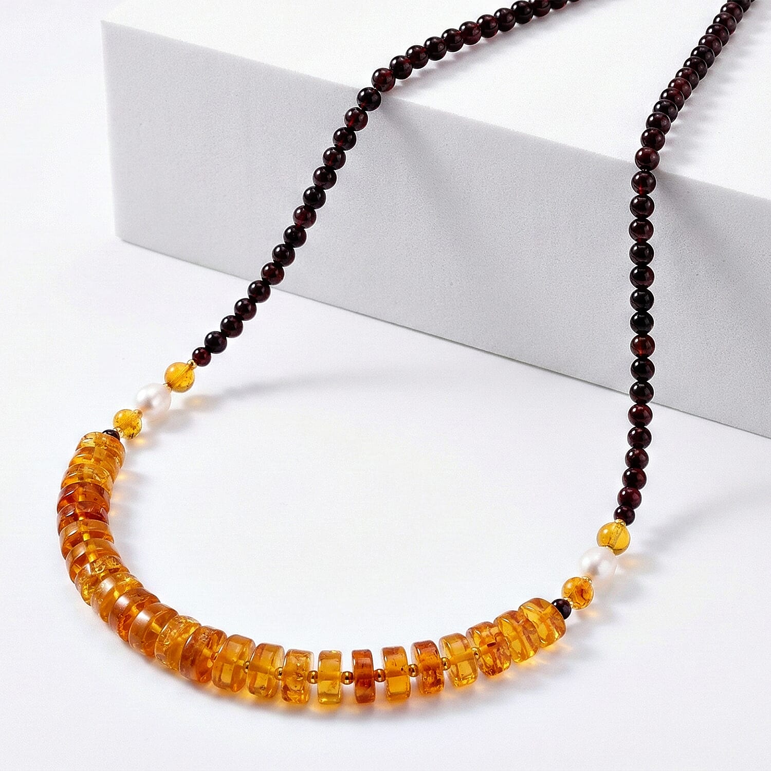 D'Joy Multi Color Amber, White Fresh Water Pearl Beads Necklace Sterling Silver  40.000  Ct.