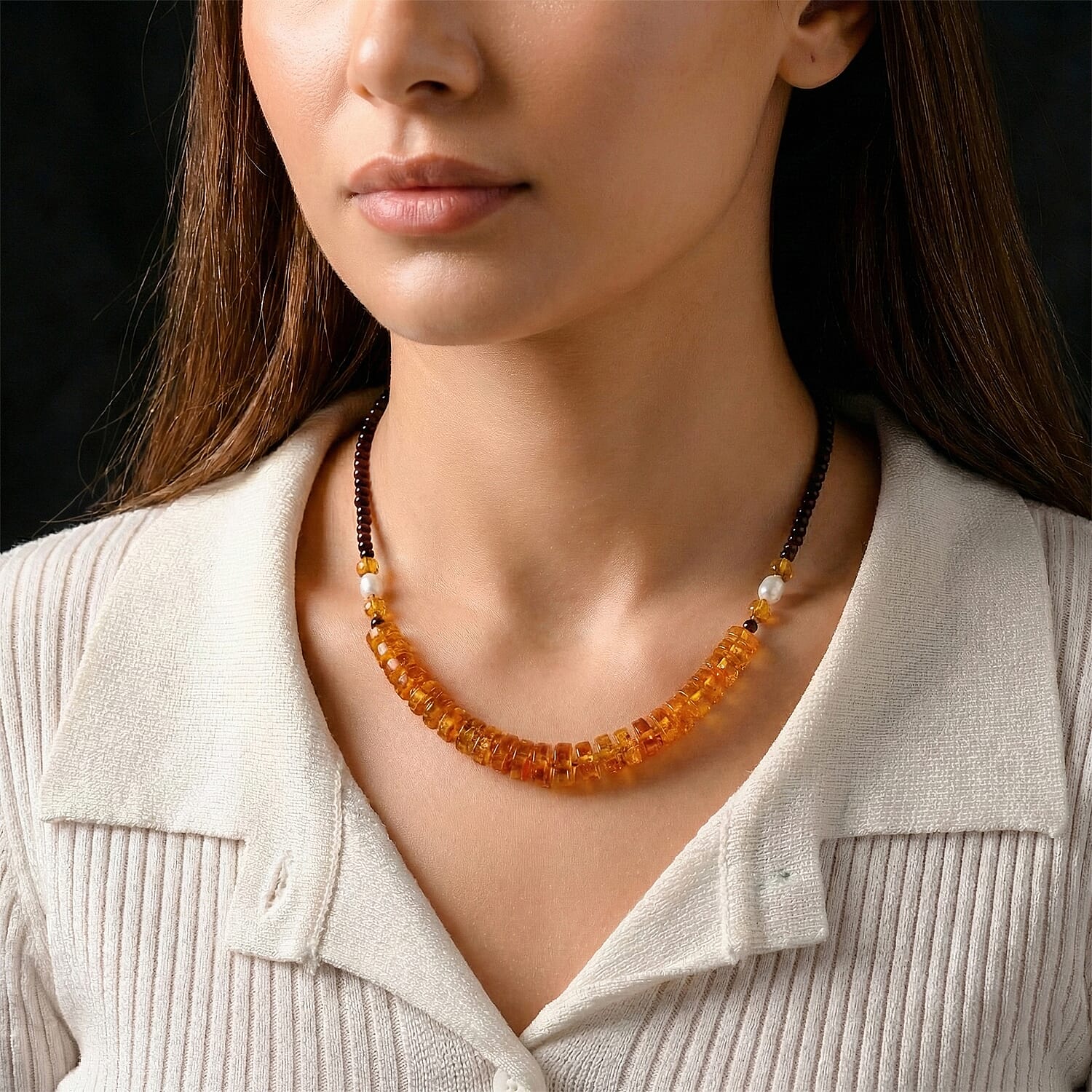 D'Joy Multi Color Amber, White Fresh Water Pearl Beads Necklace Sterling Silver  40.000  Ct.
