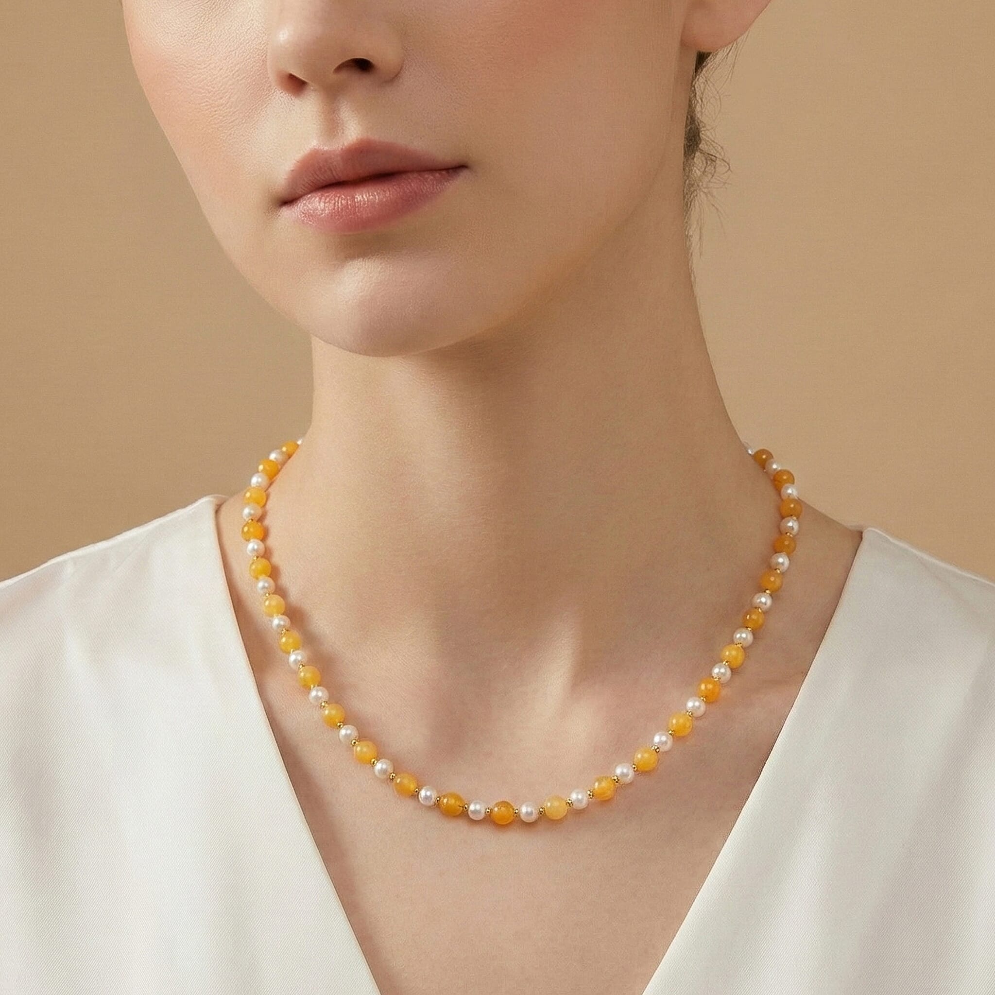 D'Joy Amber, White Fresh Water Pearl Beads Necklace Sterling Silver  40.000  Ct.