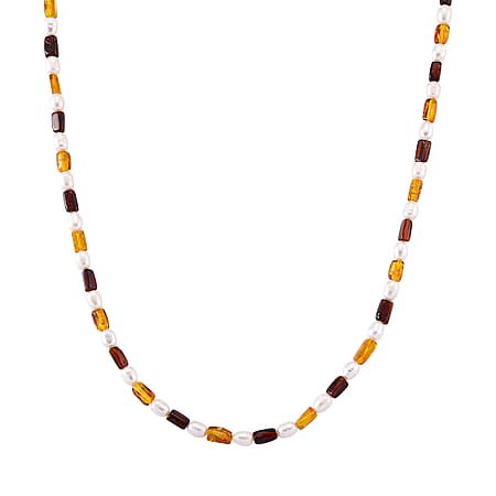 D'Joy Amber & Fresh Water Pearl  Necklace (Size - 20-2 EXT) in Yellow Gold Plated Sterling Silver 65.00 Ct.