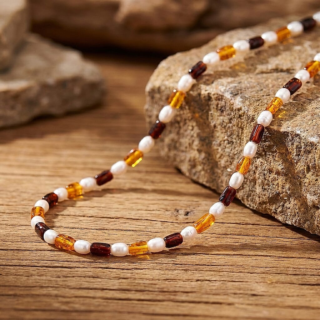 D'Joy Amber, White Fresh Water Pearl Beads Necklace Sterling Silver  65.000  Ct.