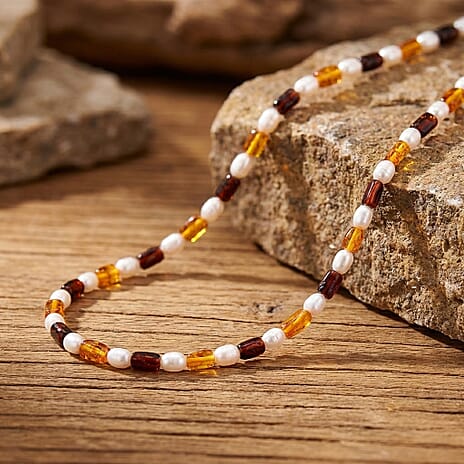D'Joy Amber & Fresh Water Pearl  Necklace (Size - 20-2 EXT) in Yellow Gold Plated Sterling Silver 65.00 Ct.