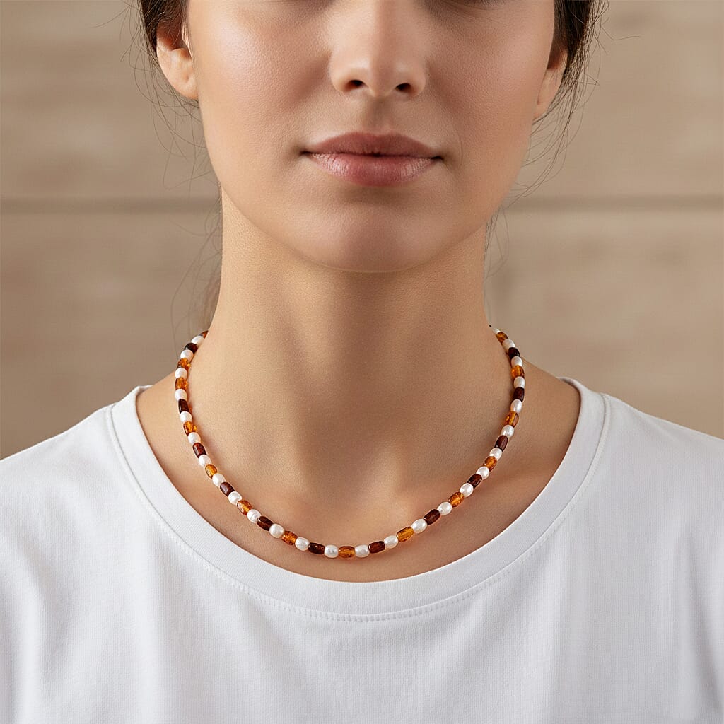 D'Joy Amber, White Fresh Water Pearl Beads Necklace Sterling Silver  65.000  Ct.