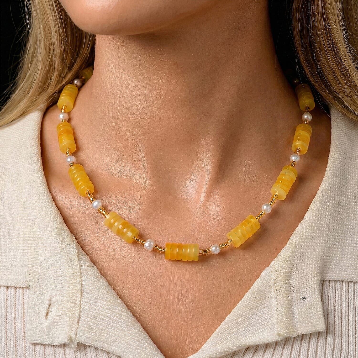 D'Joy Amber, White Fresh Water Pearl Beads Necklace Sterling Silver  65.000  Ct.
