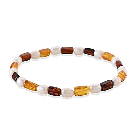 D'Joy Amber & White Fresh Water Pearl Bracelet (Size - 7.5 Stretchable) 30.00 Ct.