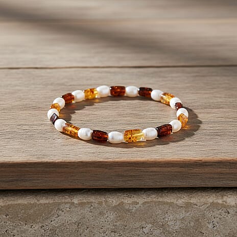 D'Joy Amber & White Fresh Water Pearl Bracelet (Size - 7.5 Stretchable) 30.00 Ct.