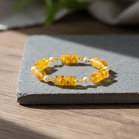 D'Joy Amber & White Fresh Water Pearl Beads Bracelet (Size - 7 Stretchable) 33.00 Ct.