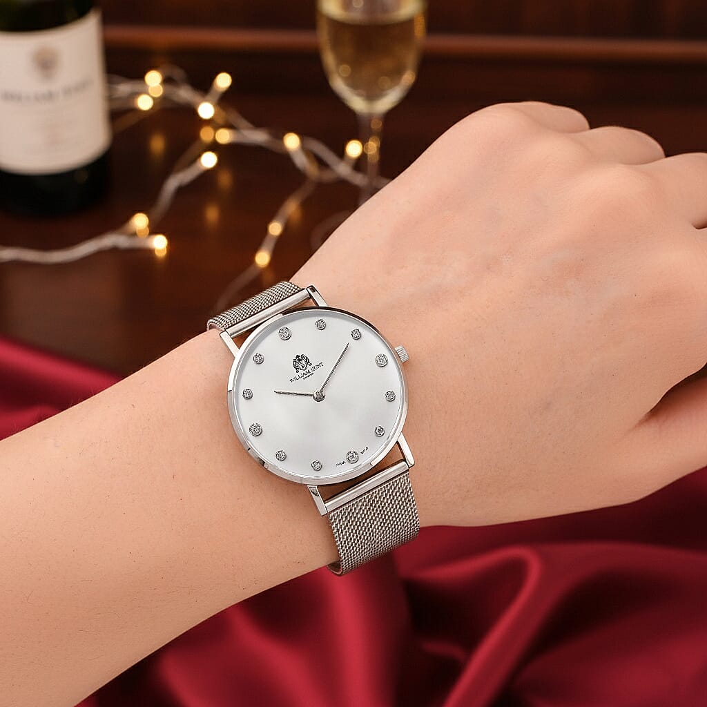 WILLIAM HUNT Limited Edition 5ATM Water Resistant Moissanite Watch - 36mm Dial With Milanese Strap - White